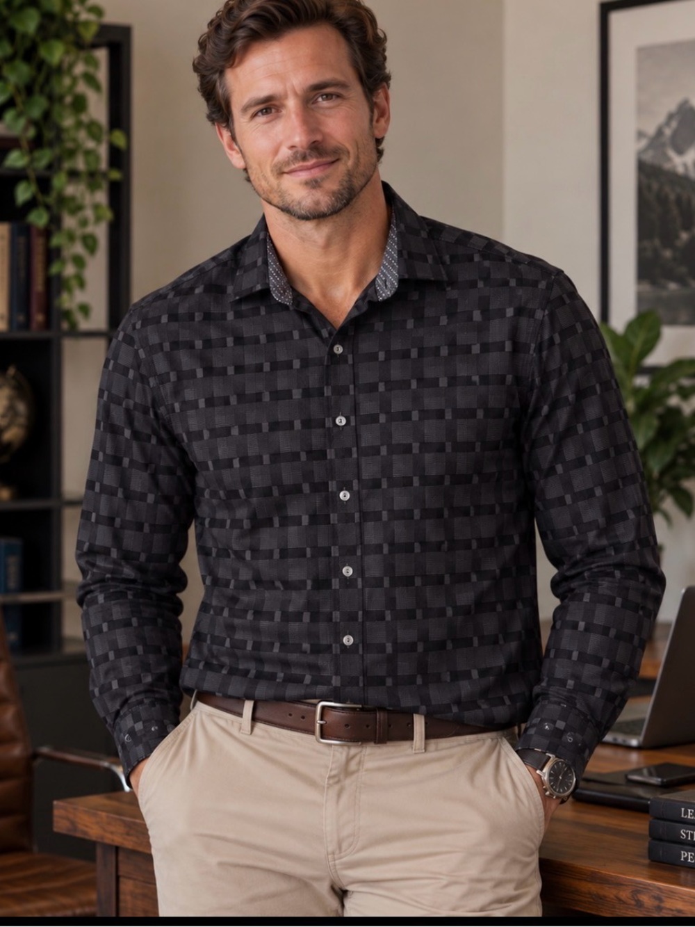BUGATCHI Men's Classic Fit Dress Shirt Charcoal Black Check Woven XL
